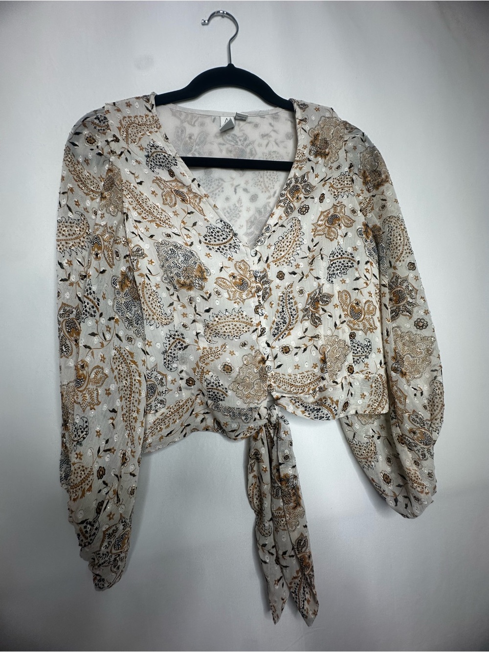 Joie Cream Paisley Tie-Front Blouse with Gold Accents